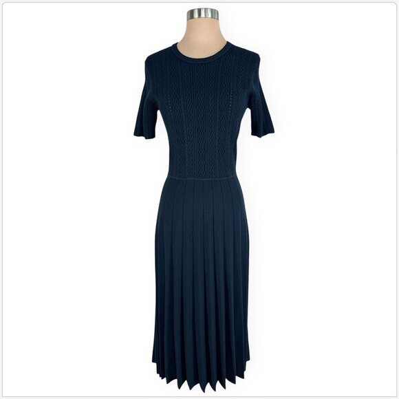 Jason Wu Collection Navy Mixed Stitch Midi Sweater Dress Cableknit Pleated L - Picture 6 of 9